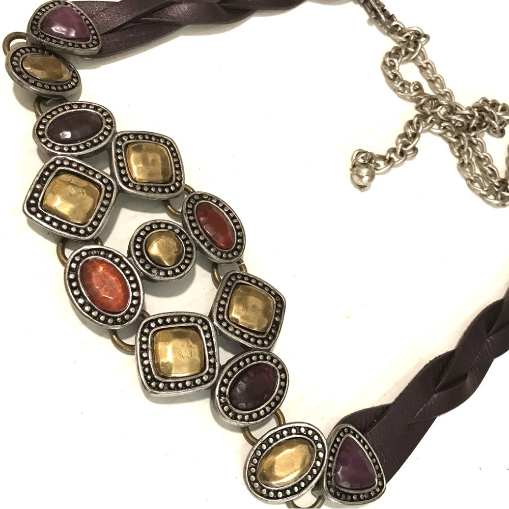 CHICO’S Waist Chain/Leather Belt Metal Centerpiece With Brass And Jewel Tones OS